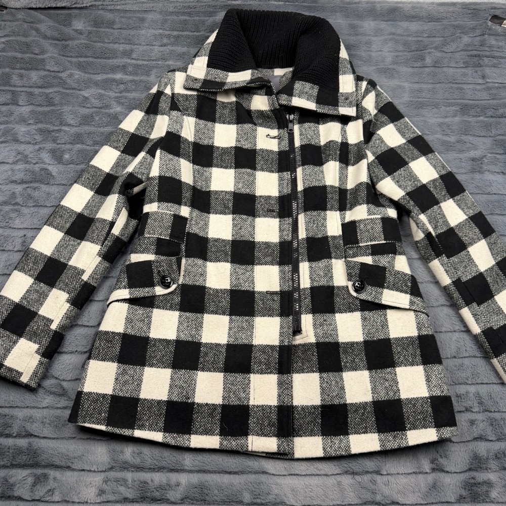 Jeans by Buffalo Plaid Wool Blend Pea Coat Black White Full Zip XL 11931